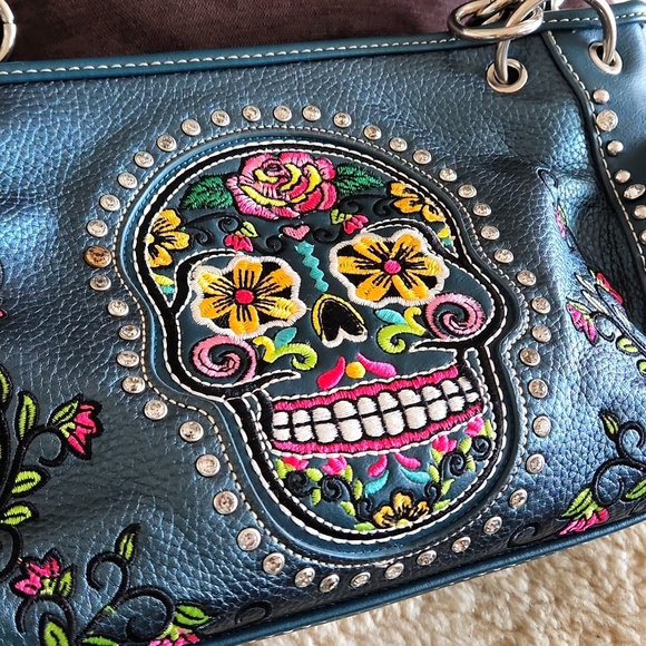 Montana West Blingy Sugar Skull Turquoise Shoulder Bag - Picture 11 of 12